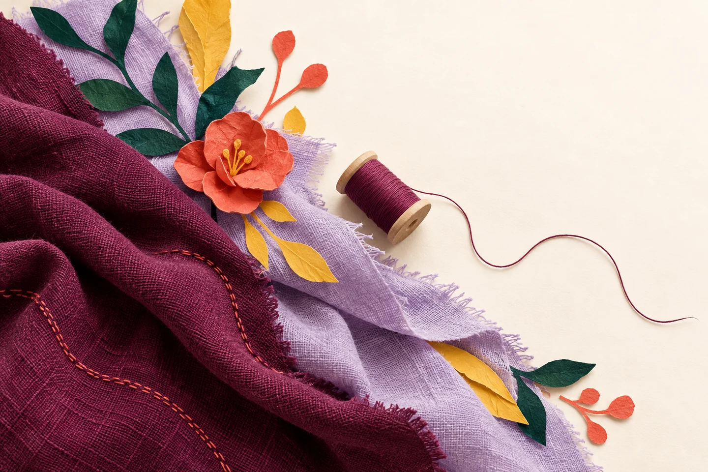 AI-generated textile and paper-flower illustration in plum, lilac and coral